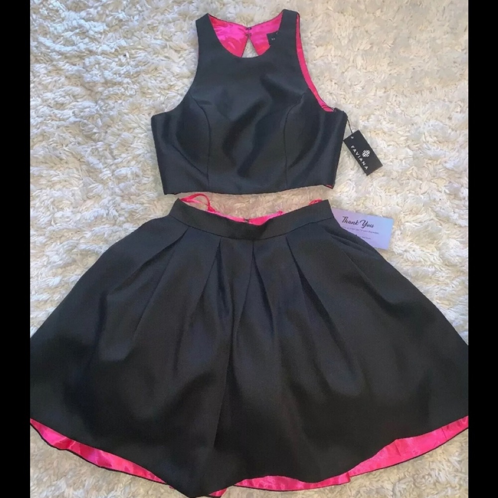 NWT Faviana Black Two-Piece Skirt Set with Pink Lining